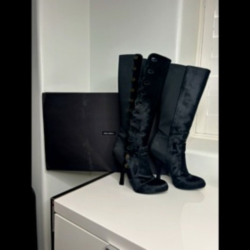 Dolce & Gabanna Black Calf Hair and Stretch Fabric Knee Length Boots SIZE 39